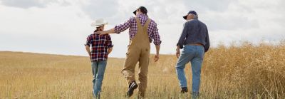 two men and boy walking through amber crop field under cloudy sky