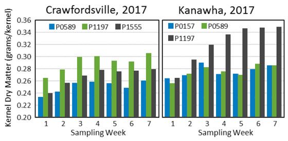 Chart showing corn kernel dry matter weights over the post physiological maturity dry down period (Sept. and Oct.) for 2 planting dates and 2 Iowa locations in 2017.