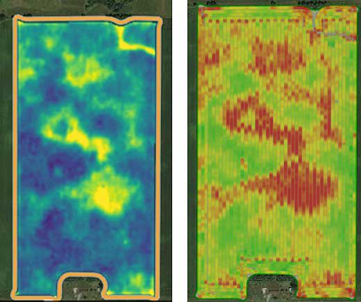 Vegetation Index map showing an area of reduced crop health caused by corn rootworm feeding and yield map showing a corresponding area of reduced yield.