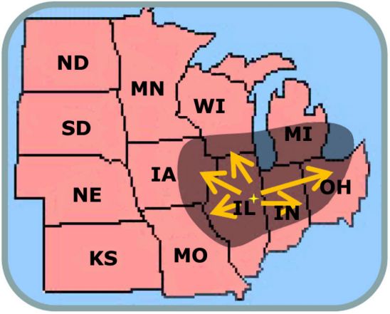 Map showing soybean variant of western corn rootworm