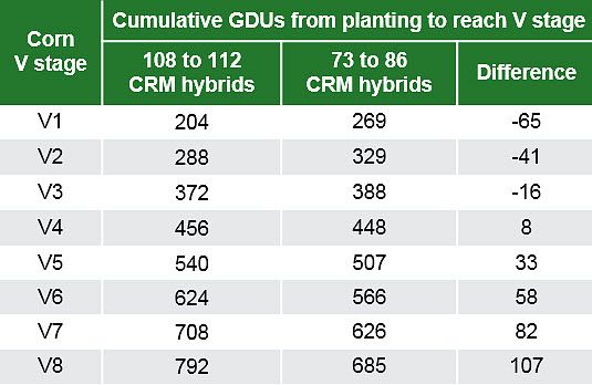 Chart showing the relationship between corn vegetative (V) stage and cumulative GDUs from planting for 73- to 87-CRM hybrids.