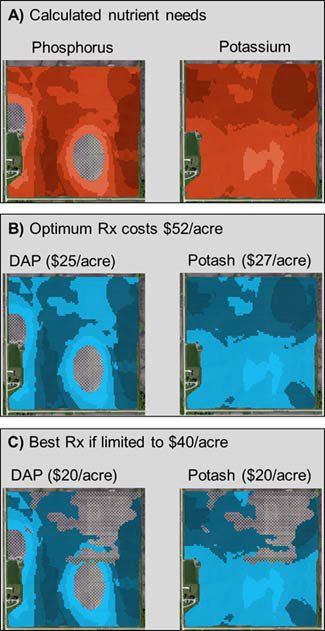 Calculated P and K needs, optimum fertilizer recommendation, and best fertilizer recommendation if fertility budget is limited for a field enrolled in the Encirca Fertility service.