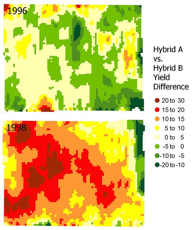 Yield difference maps from a Pioneer split-planter study conducted in northern Illinois in 1996 and 1998, using the same two hybrids both years.