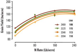 Grain yield response of four corn hybrids to N application rate.