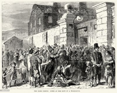 black and white drawing of people at the gate of a workhouse during the Irish potato famine