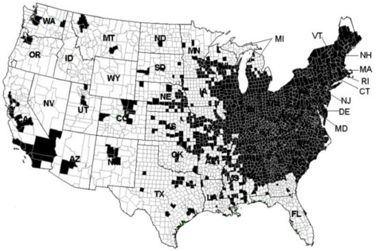 Japanese beetle distribution map (U.S.)
