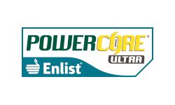 Logotipo da tecnologia PowerCoreUltra escrita em verde, amarelo e cinza.