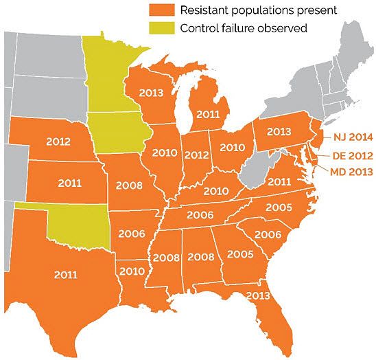 Map showing confirmed and suspected cases of glyphosate-resistant Palmer amaranth and year of initial observation in North-Central and Southern states (Heap 2017).