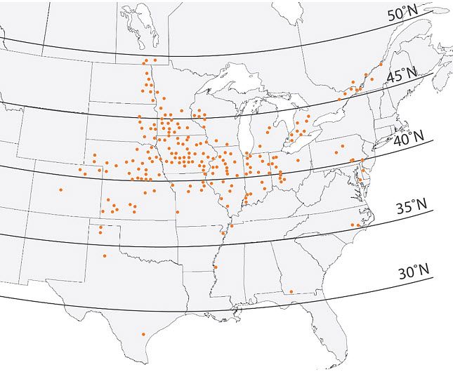 Map showing locations of plant population studies conducted by Pioneer from 1987 to 2015.