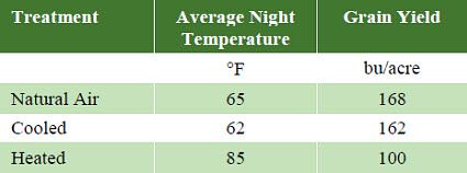 Effect of night temperature from silking through physiological maturity on corn yields.