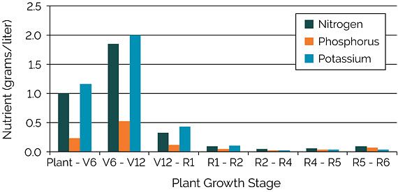 Chart showing estimated amounts of nutrient flux to support a corn grain yield of 300 bu/acre, all growth stages.