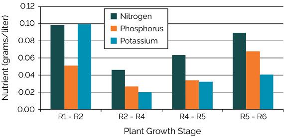 Chart showing estimated amounts of nutrient flux to support a corn grain yield of 300 bu/acre, stages R1 - R6.