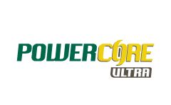 Logotipo da tecnologia PowerCoreUltra escrita em verde, amarelo e cinza.