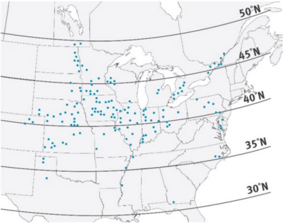 Map listing locations of plant population studies conducted by Pioneer from 2000 to 2014.