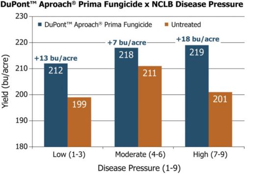 Average yields from 40 Pioneer® GrowingPoint® agronomy trials in Iowa in 2015 comparing DuPont™ Aproach® Prima fungicide applications with low, moderate, and high NCLB pressure.