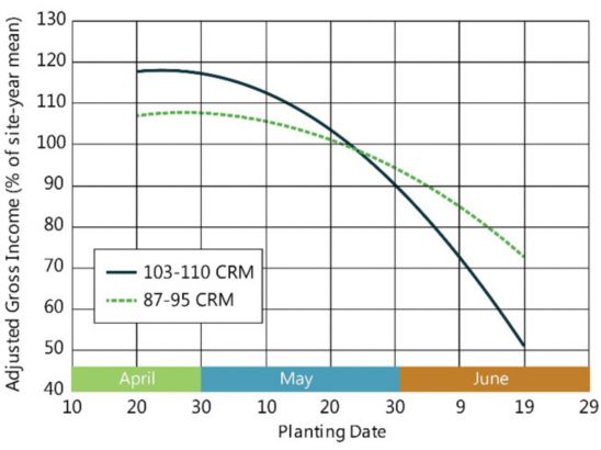 Chart showing the profitability of full-season (103-110 CRM) vs. early maturity (87-95 CRM) hybrids by planting date in the North-Central Corn Belt.