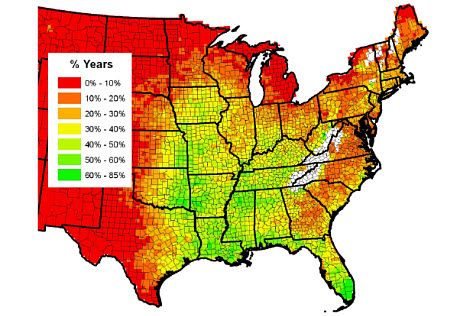 Percent of years with greater than 14 inches of precipitation from April through June.(US)