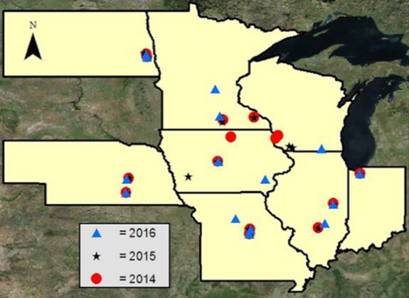 Map showing research locations across eight states included in a 3-year split corn nitrogen application study (2014-2016).
