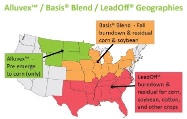 U.S. map of Alluvex™ / Basis® Blend / Leadoff® geographies.