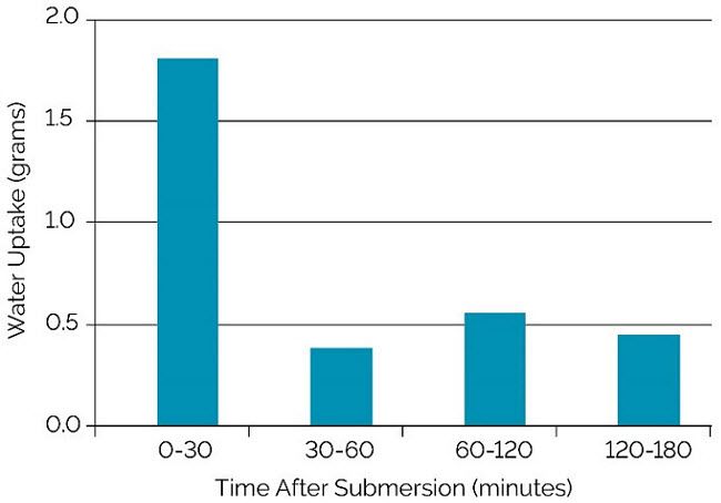 Chart showing the amount of water uptake by corn seed during the first three hours after submersion in water.