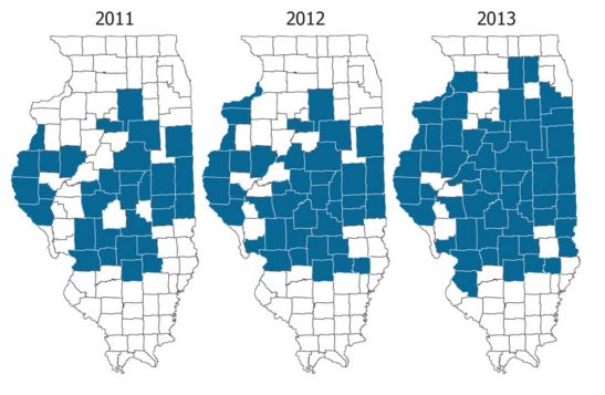 Illinois counties (blue) in which resistant waterhemp has been confirmed by molecular assay.