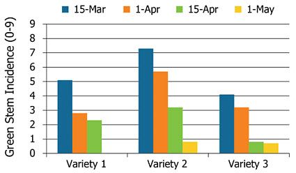 Effect of planting date and soybean variety on incidence of green stems.