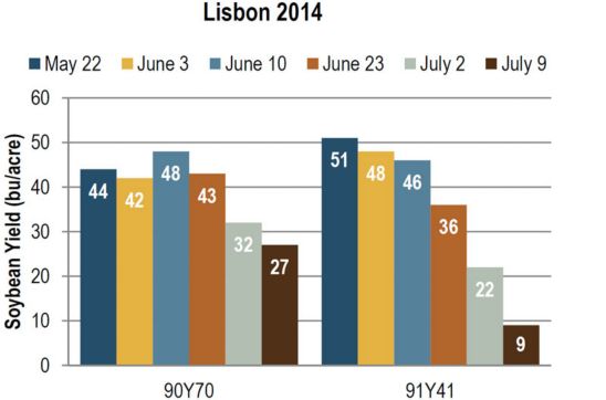  Soybean yield at Lisbon in 2014, as influenced by planting date and variety.