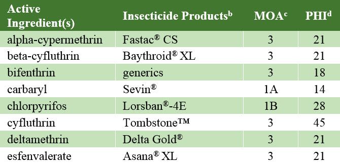 This table lists insecticides labeled for stink bug control in soybeans.