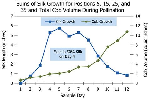 Sums of silk growth and total cob volume during pollination.