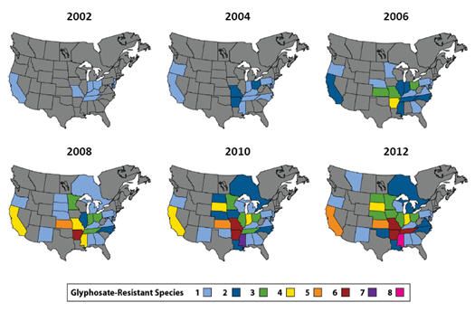 Confirmed glyphosate-resistant weed populations in North America, 2002-2012.