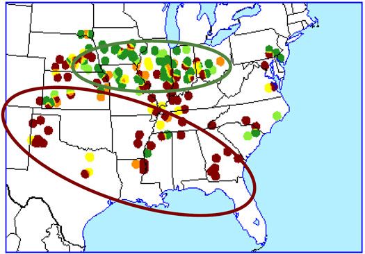 Yield difference map for 2 hybrids in which 1 hybrid generally performed better in the central Corn Belt while the other performed better in the southern U.S. and western Corn Belt.