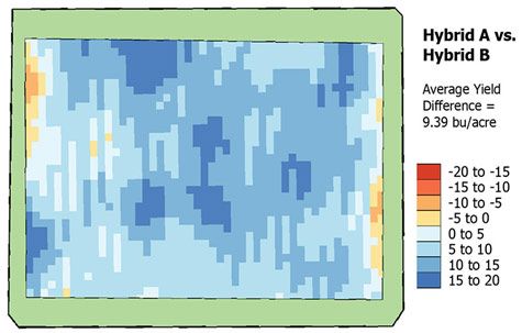 Yield difference map from a Pioneer split-planter study conducted in northern Illinois in 2002.