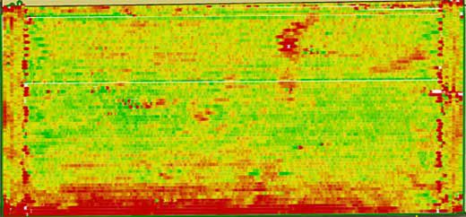 Corn yield map showing reduced yield levels in affected areas - rootworm feeding.