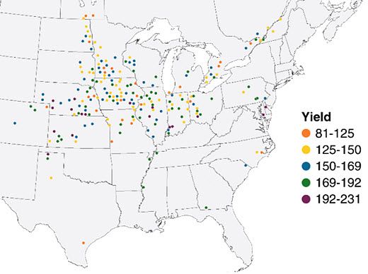 Chart showing locations and yield levels (bu/acre) of plant population studies conducted by Pioneer from 1987 to 2016.