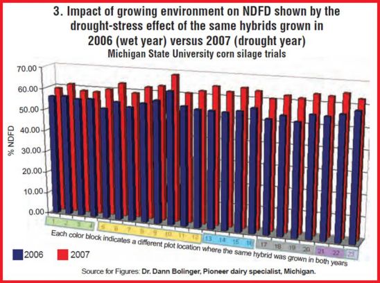 Chart: Data from Michigan State University silage plots harvested in a relatively wet growing season (2006) compared to the same hybrids harvested from the same plot in a relatively dry growing season (2007).