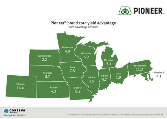 Pioneer® brand corn yield advantage - bu/a advantage per state.