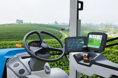 Automatically driven tractor in field - interior view
