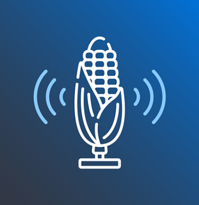 blue background with white picture of corn cob with audio symbol
