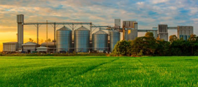 Sistema de armazenamento em silos verticais em uma unidade produtora.