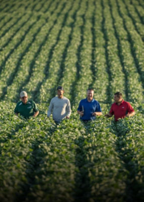 Four men walk through field