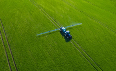 Aerial view of Sprayer in field