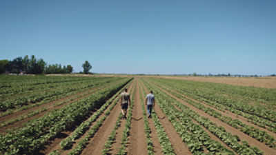 Two men walking between crop rows
