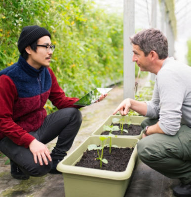 Men analyze plants with tablet