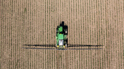 Aerial view of sprayer in field