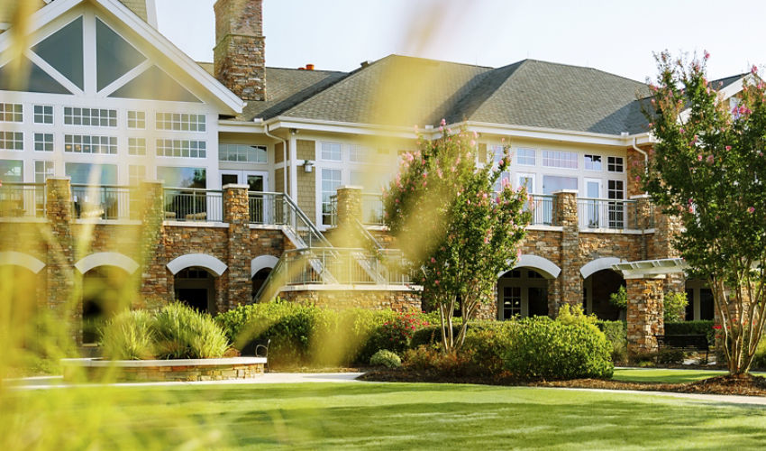 Golf clubhouse building with beautiful landscaping