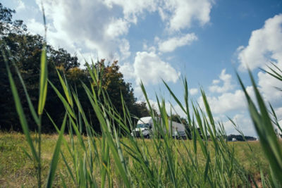 Grass along highway with semi truck in the background