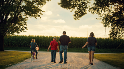 family walking down driveway