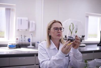 female scientist in white lab coat examining small green plant