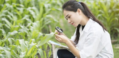 Woman inspecting a leaf with a magnifying glass