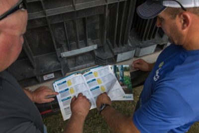 Two farmers reviewing traits
